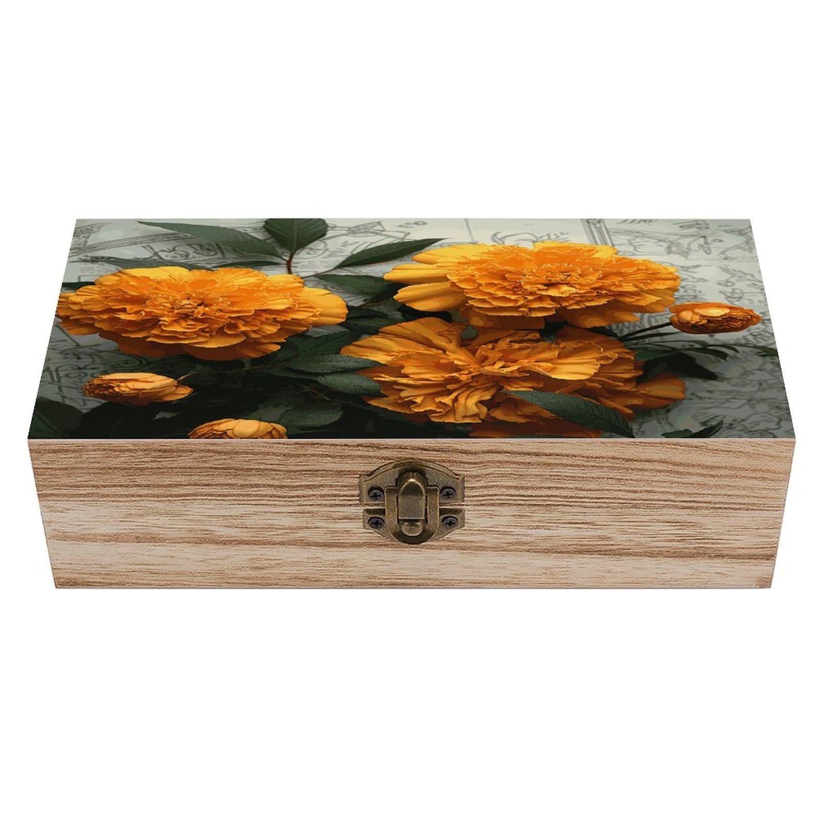 VstaDank Marigold Wooden Box with Hinged Lid Handmade Wooden Jewelry Boxs Organizer Personalized Woodens Keepsake Box for Pictures Wedding Photo Jewelry Decorative Chest Rustic Crate
