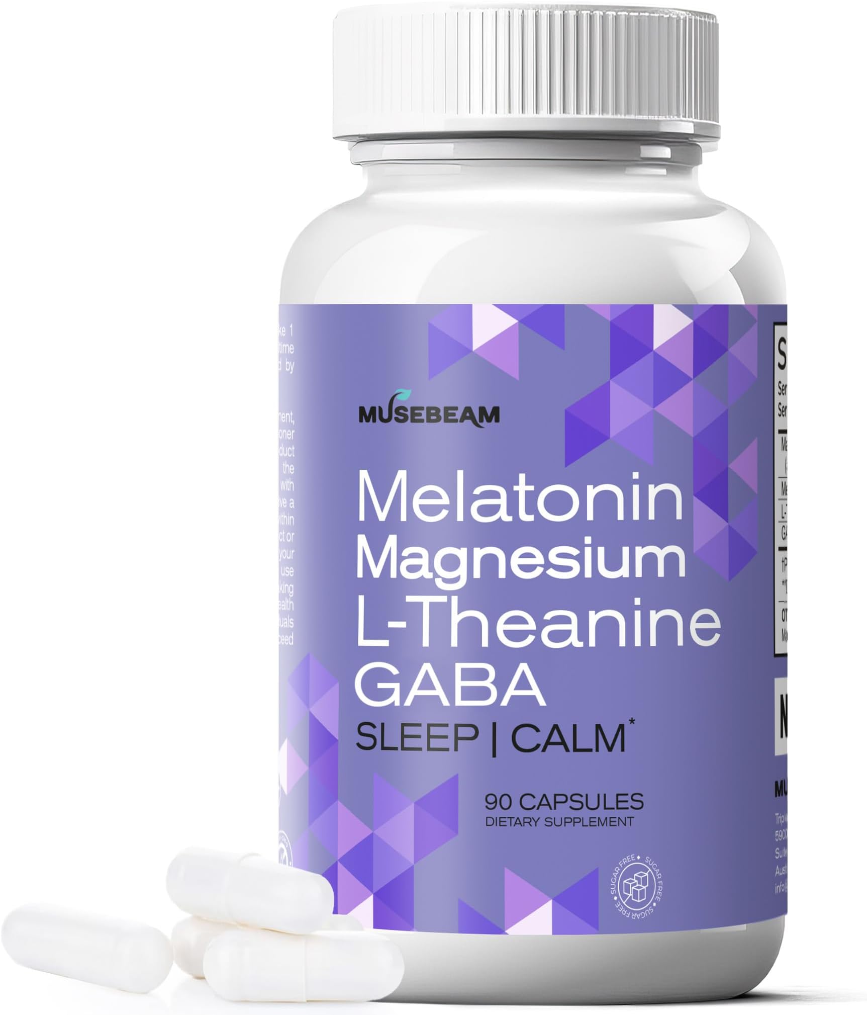 MuseBeam Magnesium Glycinate 275mg Melatonin 5mg L-Theanine 200mg GABA 100mg Capsules - Full Rest Nighttime Bedtime Support Supplement for Men Women - Vegan Sugar-Free Gluten-Free