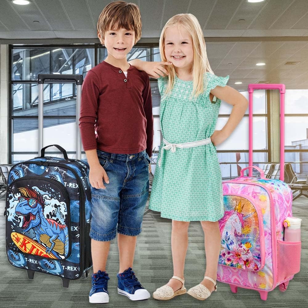 WZLVO Kids Luggage for Boys, Cute Dinosaur Rolling Wheels Suitcase for Toddler Children