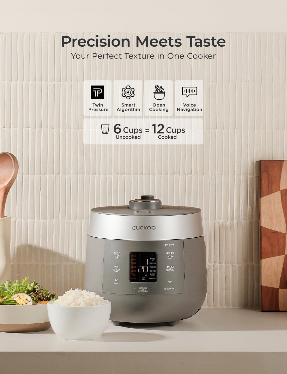 CUCKOO Twin Pressure Rice Cooker 6-Cup Uncooked / 12-Cup Cooked with Nonstick Inner Pot, Versatile Rice Maker & Warmer with 16 Menu Options, Open Cooking Mode, Voice Guide, Gray (CRP-ST0609FG) - Image 2
