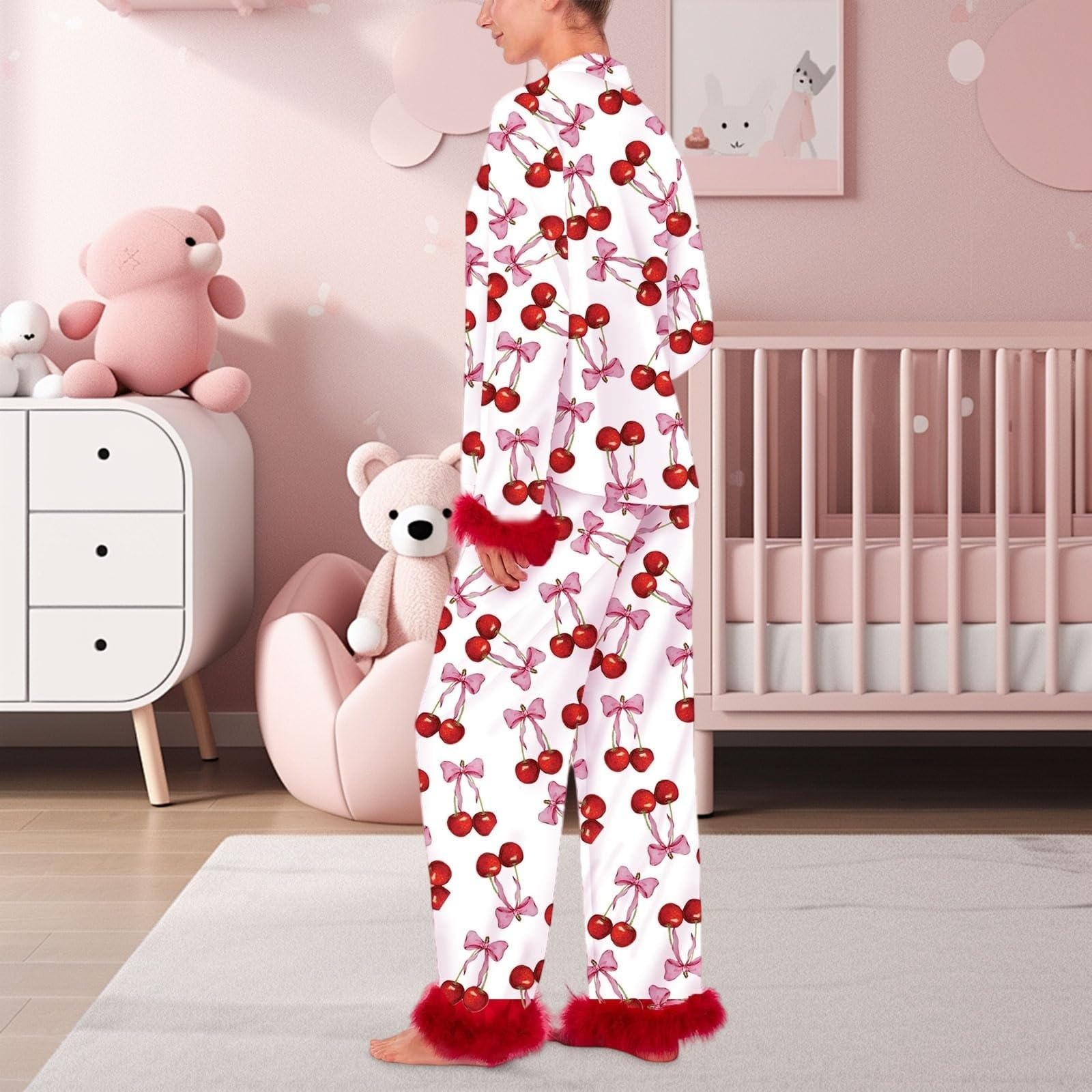 Conjunto de pijama de seda para mujer con diseño de corazón y lazo, camiseta de manga larga y pantalones, ropa de dormir de 2 piezas, pijama de satén lujoso para mujer, estampado de corazón y