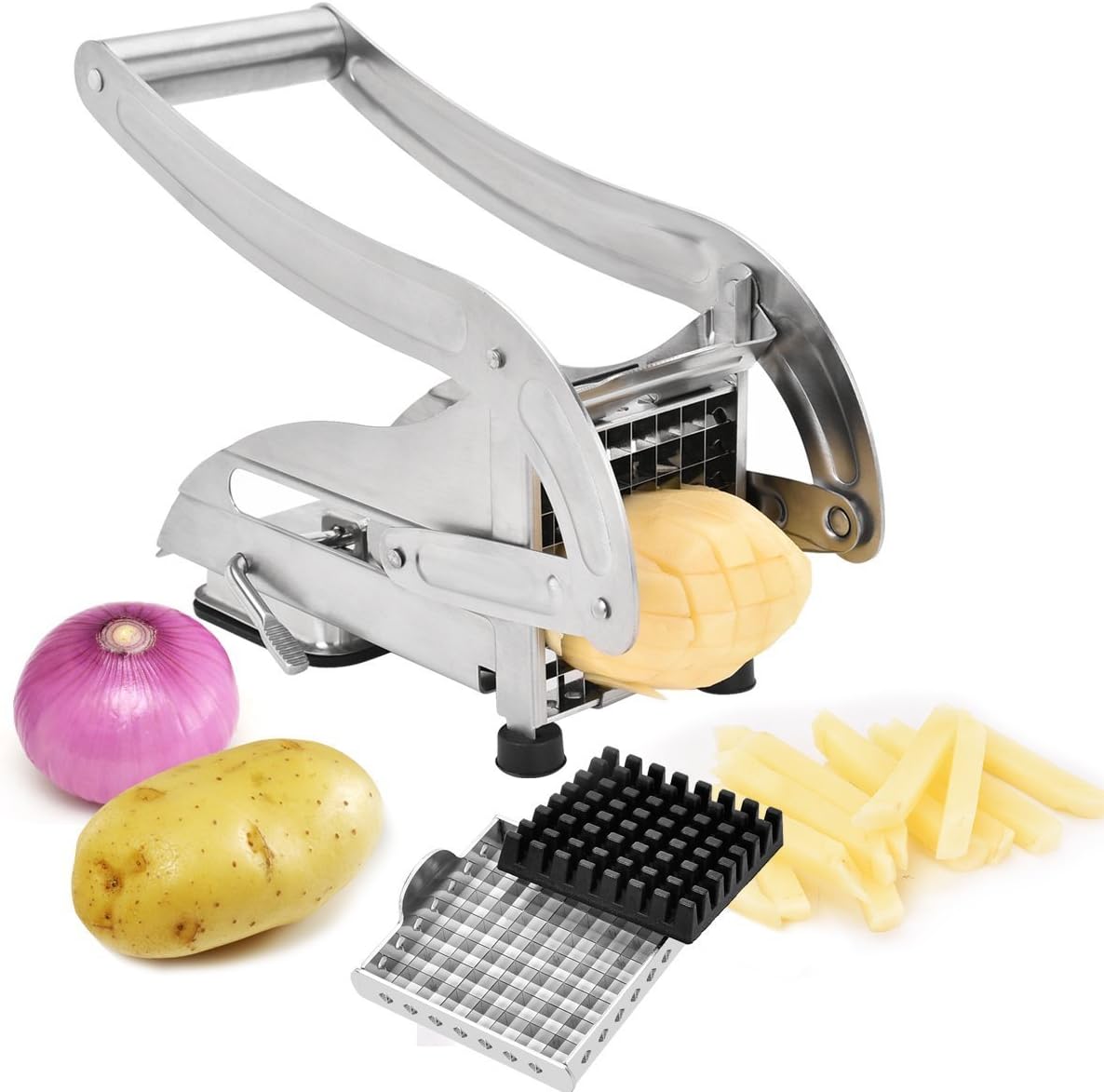 French Fry Cutter, Stainless Steel Potato Slicer Vegetable Chopper Dicer with 2 Interchangeable Blades and Non-Slip Suction Base for Potato
