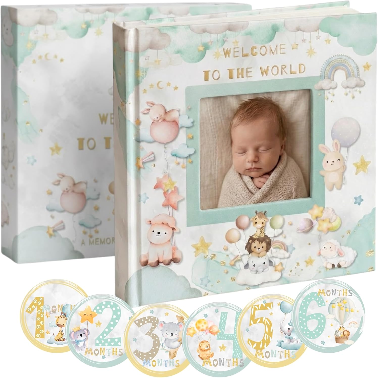 Baby Memory Book and Baby Keepsake Box - First Year Photo Album for Baby Boy or Girl - Fits 4x6 Photos - Includes 12 Baby Milestone Stickers - Gender Neutral Scrapbook Journal