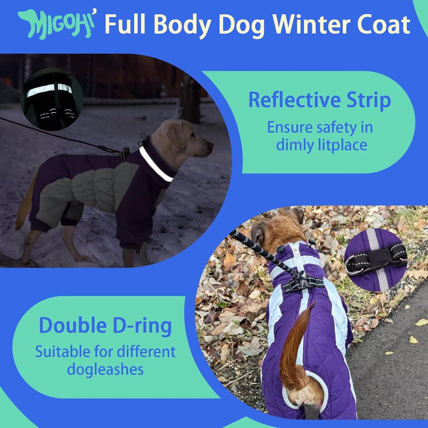 MIGOHI Full Body Dog Coat - Warm Reflective Small Dog Winter Coat with Harness, Turtleneck Fleece Jacket for Dogs,Four-Leg Windproof Puffer Jackets Snowsuit with Zipper for Small Medium Large Dogs,XS