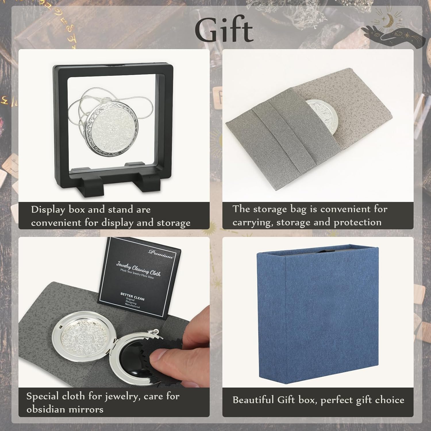 Unisex-Adult Mini Black Obsidian Crystal Mirror Necklace, Scrying Mirror, Retro, Silver, Copper, Lobster Clasp