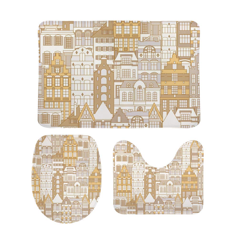 Tapis de bain antidérapants : ensemble de 3 pièces lavables avec contour U et couvre-WC motif ville