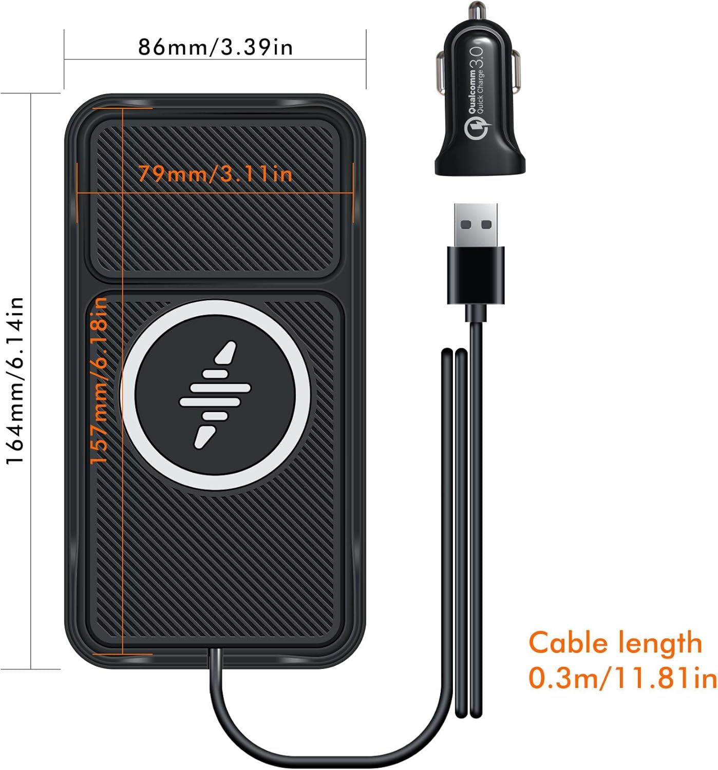 Wireless Car Charger Pad, Fast Car Wireless Chargers Charging pad Non Slip Car Wireless Phone Charger for iPhone 17/16/15/14/13/12 Pro, SE3/SE2/XS/X/XR/8, 30cm Cable