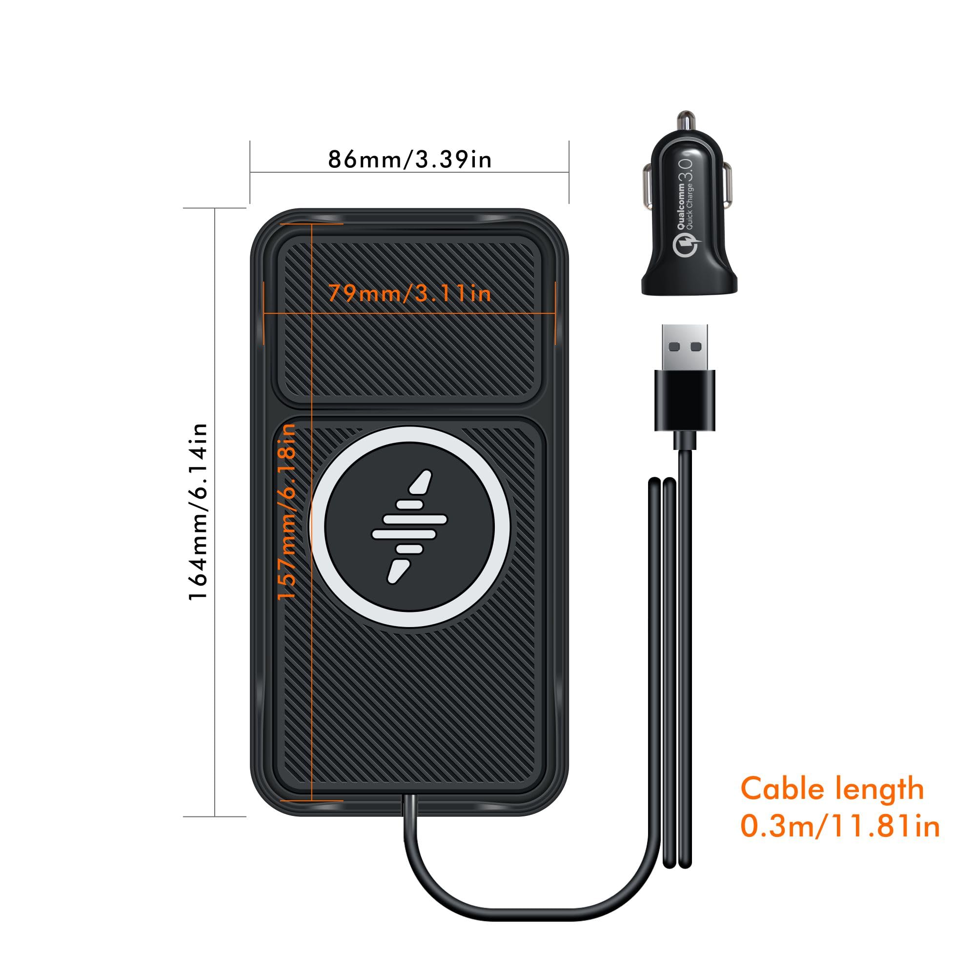 Caricabatterie wireless per auto, caricabatterie wireless per auto, caricabatterie per auto veloce, tappetino di ricarica antiscivolo per iPhone 17/16/15/14/13/12 Pro, SE3/SE2/XS/X/XR/8, cavo da 30 cm