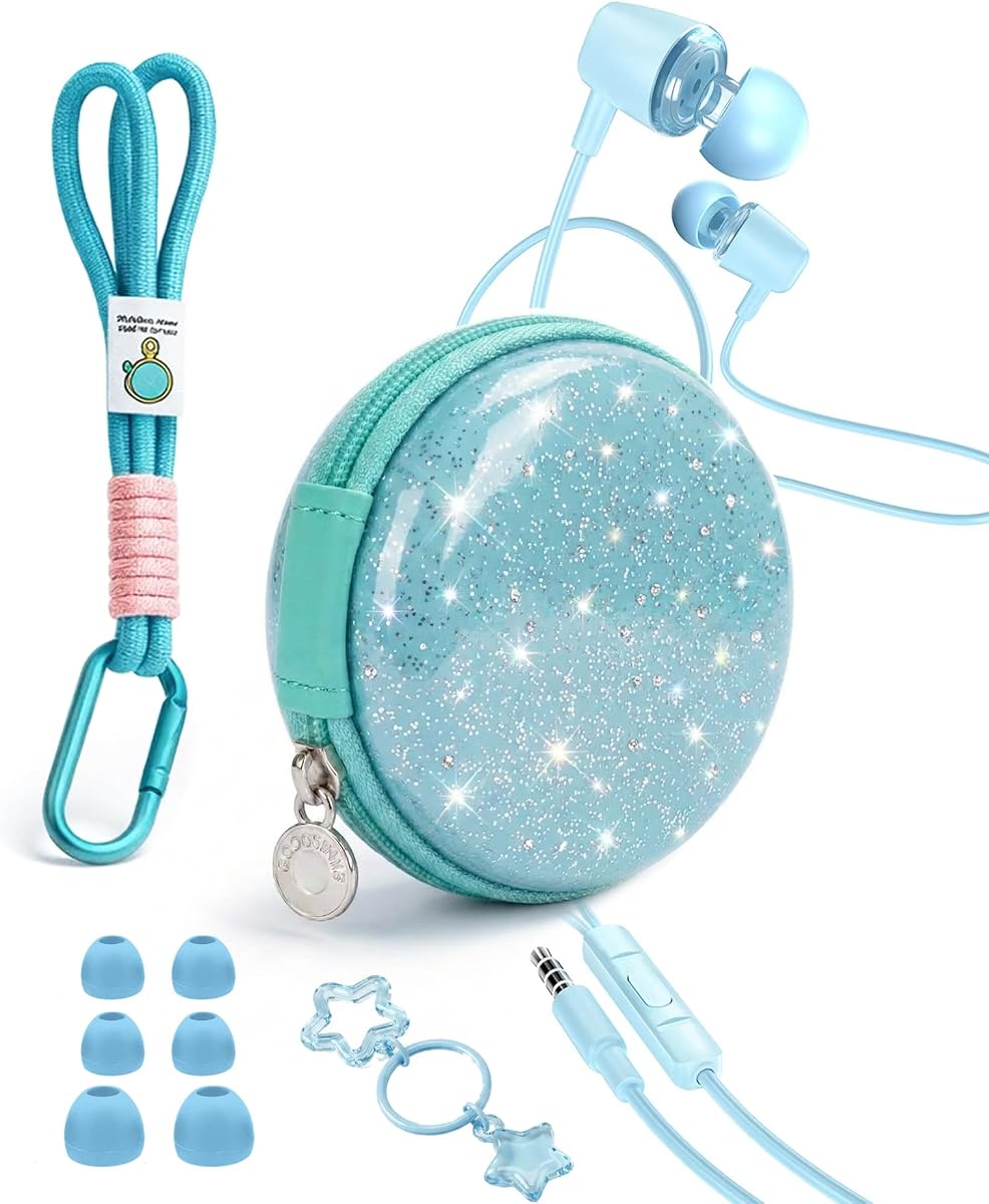 Glitter Skyblue Teens Wired Earbuds with Case, 3.5mm Headphones for School | GOGOSINIS Wired Student Earbuds with Glitter Blue Case, Braided Lanyard Wristlet & Star Keychain Charm, For School backpacks