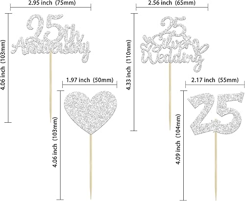 Miniatura 2 de Gyufise 24 adornos plateados para cupcakes de 25 aniversario, boda, aniversario de 25 años, decoración de pastel de corazón para 25 decoraciones