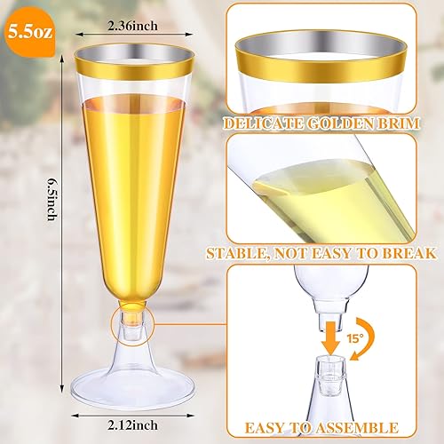 Miniatura 2 de Thenshop 50 copas de champán de plástico de 5.5 onzas, transparentes, desechables, tazas de cóctel con borde dorado, copas desmontables para boda,
