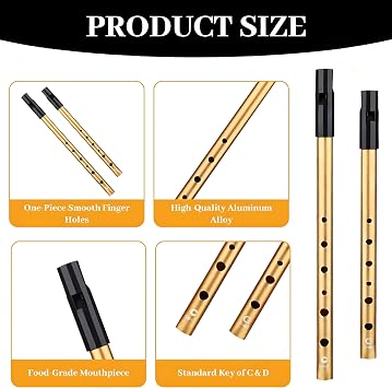 2PCS Tin Whistle Set, Penny Whistles, D & C Key Tin Whistle with Slide Flute, Premium Six-Hole Metal Instrument for Beginners, Gold Celtic Folk Music Set for Practice & Performance