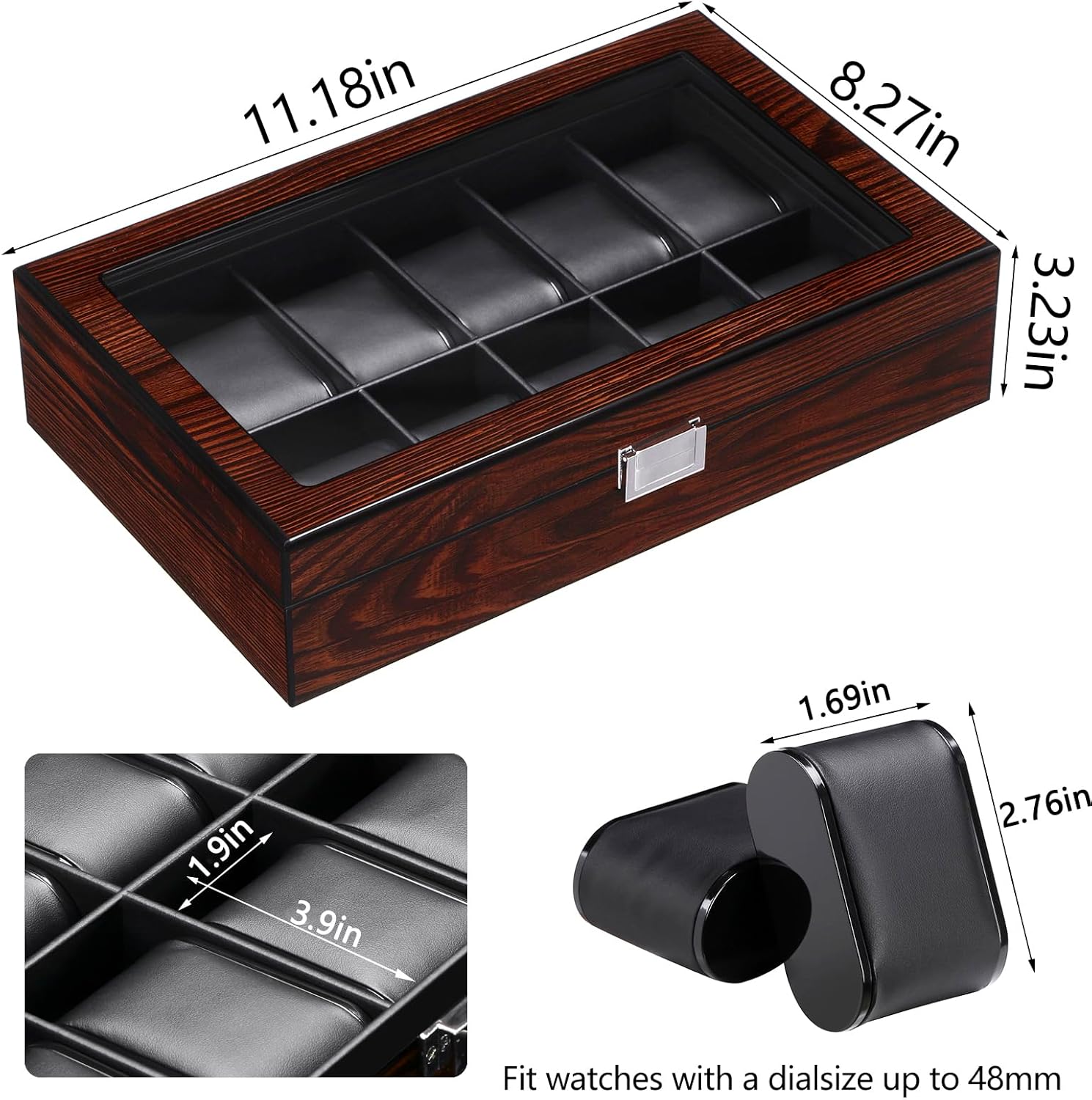 BEWISHOME Watch Case, 10-Slot Watch Box with Large Glass Lid, Wooden Watch Box Organizer for Men, Watch Storage with Removable Watch Pillows, Synthetic Leather Interior, Brown SSH10Y