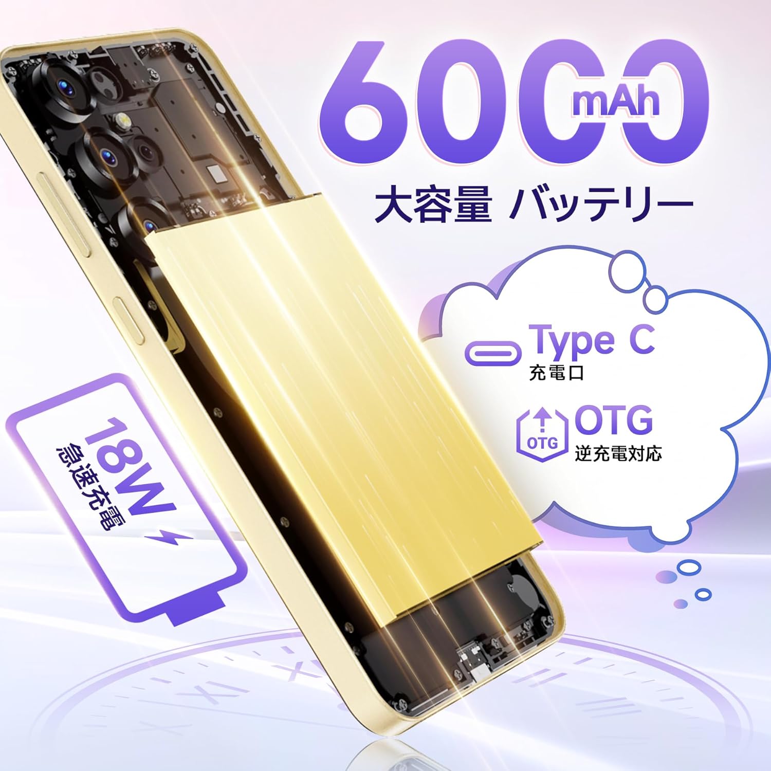 داخلي view of OUKITEL C68 highlighting the 6000mAh battery and 18W fast charging.