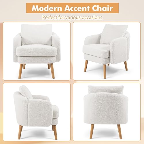 Miniatura 4 de Giantex Juego de 2 sillas decorativas de sherpa, moderna silla tapizada para sofá individual con almohada trasera y patas de madera de goma maciza,