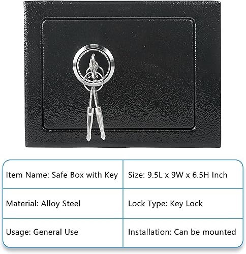 Miniatura 7 de Luwint Caja de seguridad pequeña de acero con llave, uso doméstico general, 9.5 x 9 x 6.5 pulgadas (negro)