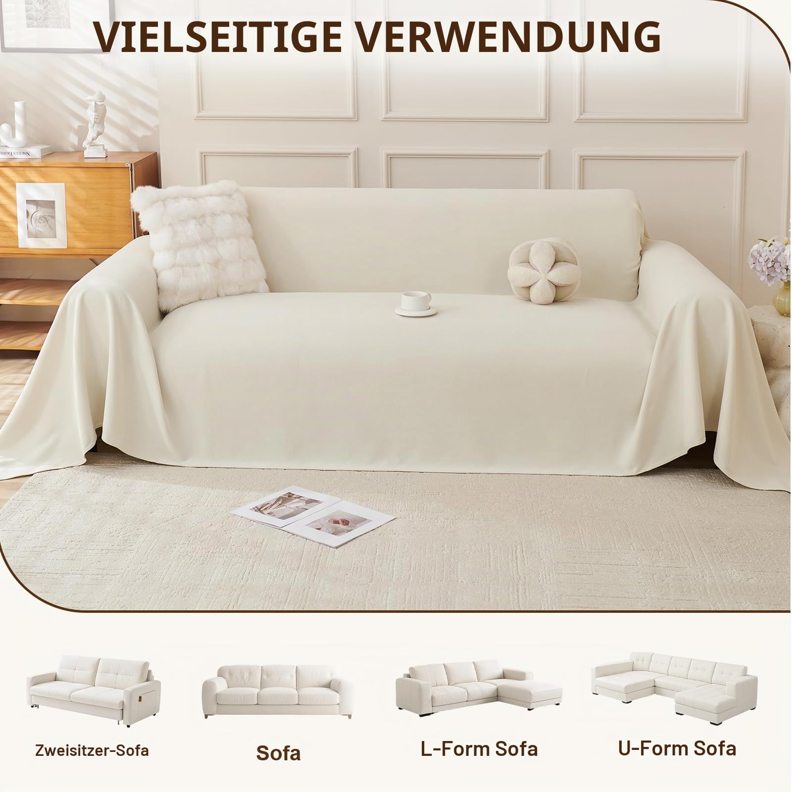 Royhom Sofa Überzug, Chenille Couch Überzug Ecksofa, Sofabezug L Form, Sofa Schutzdecke, Sofahusse mit Armlehne, Sofaüberwurf Decke Weich und Bequem, Beige, 340x180 cm | Sofaüberwurf, groß, weich und atmungsaktiv, maschinenwaschbar, für Sofa oder Ecksofa