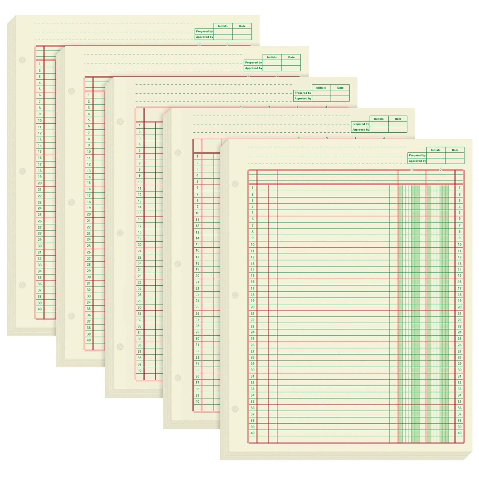 Fulmoon 5 Pack 250 Sheets Ledger Paper Accounting Columnar Pads 3 Hole Analysis Accounting Ledger Book for Business, 50 Sheets/Pack, Single Page