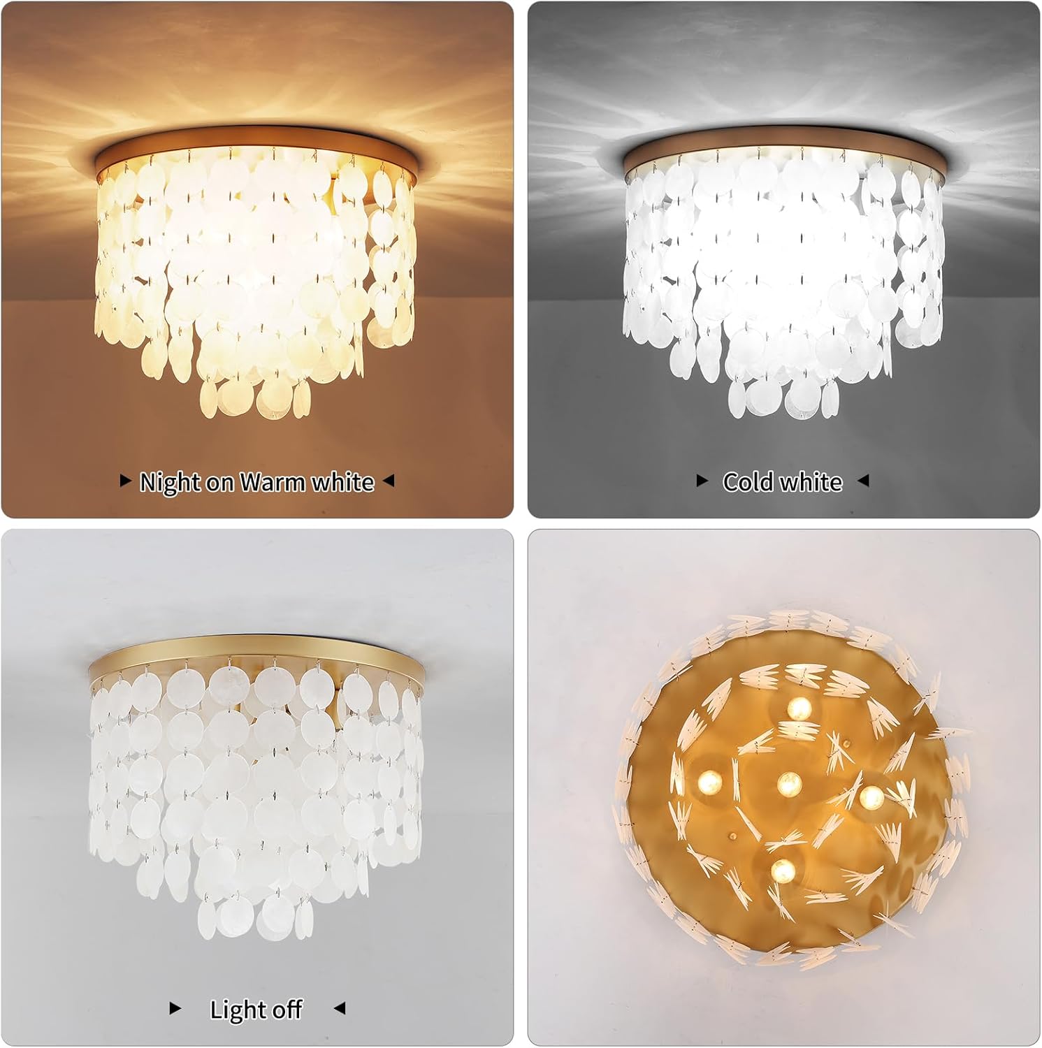 17.72" Capiz Shell Ceiling Light Fixtures, 5 Light Boho Shells Flush Mount Ceiling Light for Bedroom, Hallway, Entryway, Bathroom, Brushed Brass