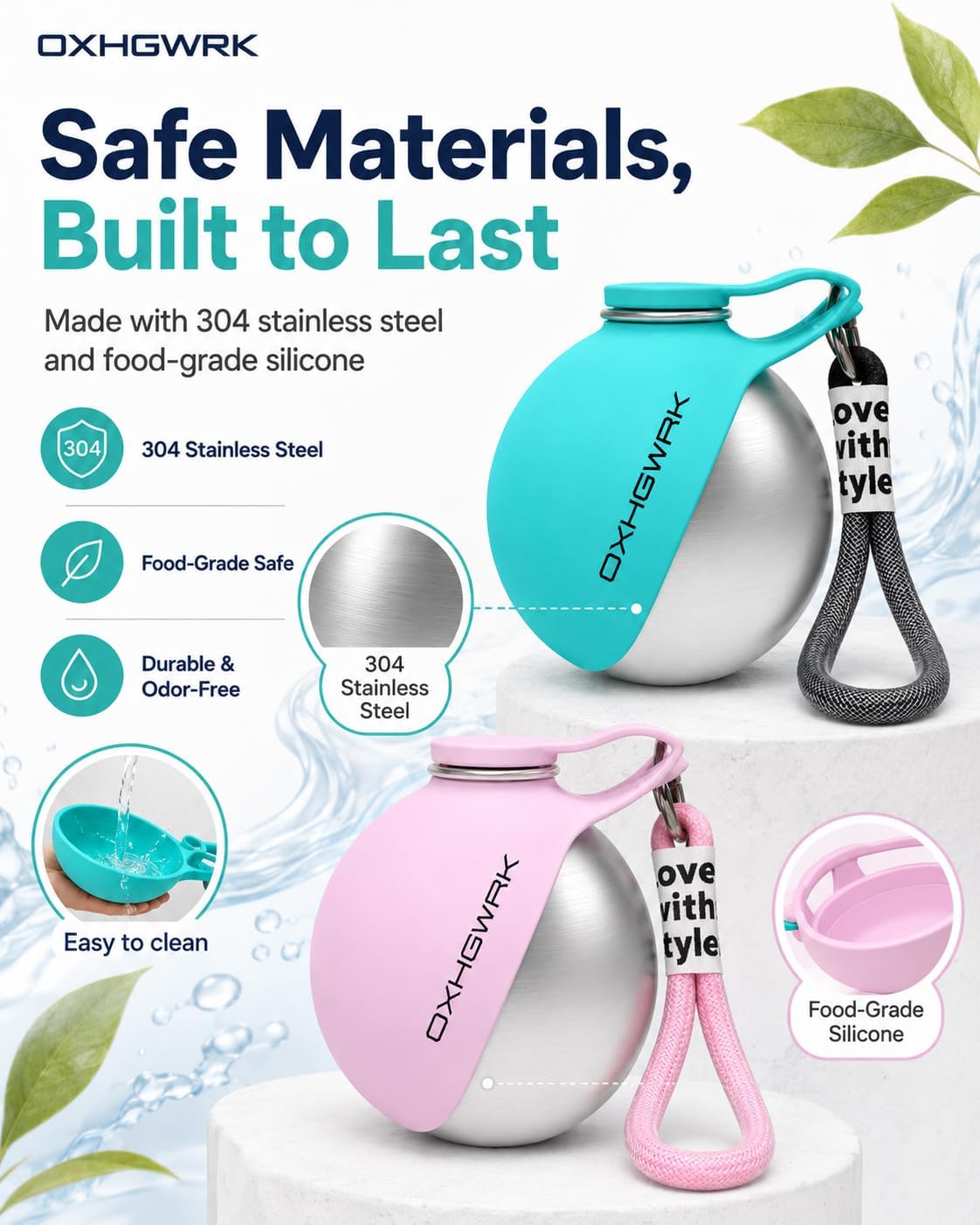 Portable Dog Water Bottle with Bowl, 2 in 1 10oz Stainless Steel Travel Water Bottle for Dogs, Foldable Silicone Bowl, Leak-Proof Water Dispenser for Walking Hiking Camping