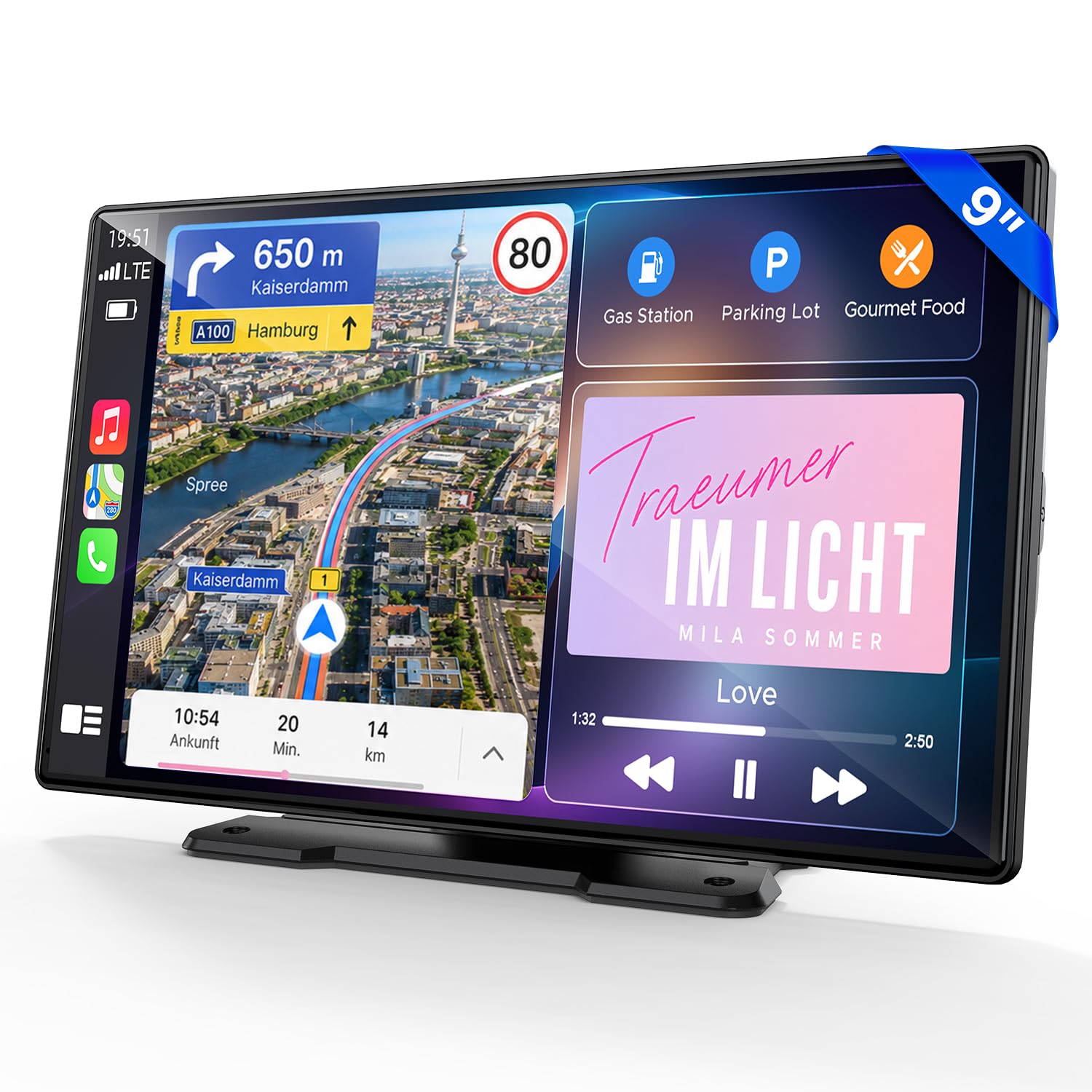 LAMTTO CarPlay Display mit Wireless CarPlay & Android Auto 9 Zoll Kabelloses Car Play Tragbares Autoradio mit IPS Touchscreen,MirrorLink,Sprachsteuerung,Bluetooth Freisprechen,Navigation,FM,AUX,OTA