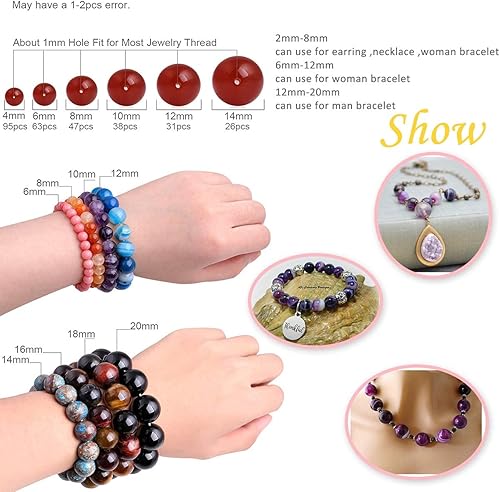 Miniatura 6 de GEM-Inside - Cuentas redondas de ágata de ónix morado natural de 0.47 pulgadas (0.472 in) con agujero grande para hacer joyas, suministros hechos a