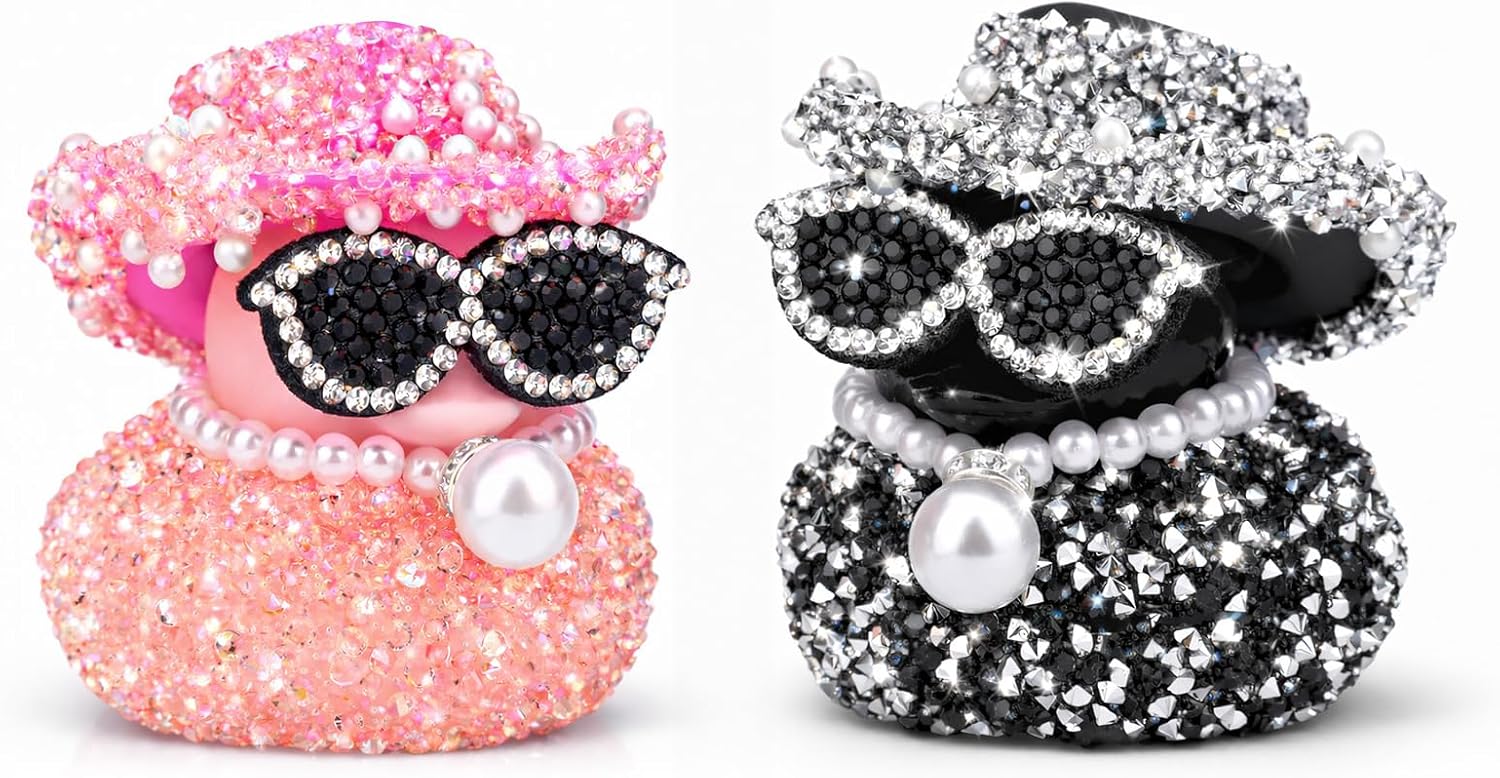 2pcs Pink Diamond Rubber Duck Car Ornaments, Rhinestone Black Duck Dashboard Decorations Cool Car Accessories with Hats Sunglasses Necklaces for Vehicle Interior Decor