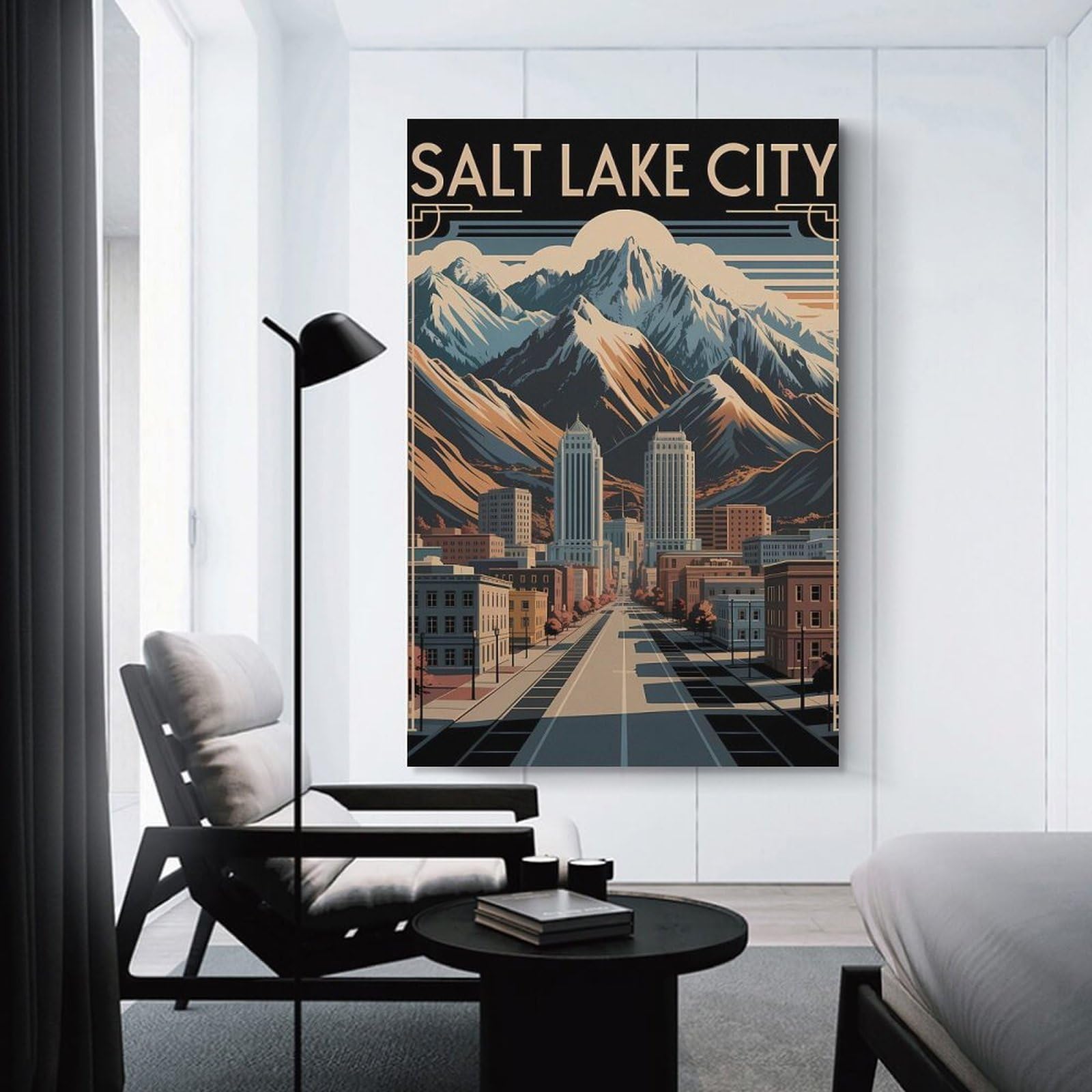 Junmoney Decorative Wall Artwork Salt Lake City Art Deco, 20x30inch(50x75cm), for Calm Bedrooms, Home Corners Or Flats, An Easy Wall Refresh for Bedrooms
