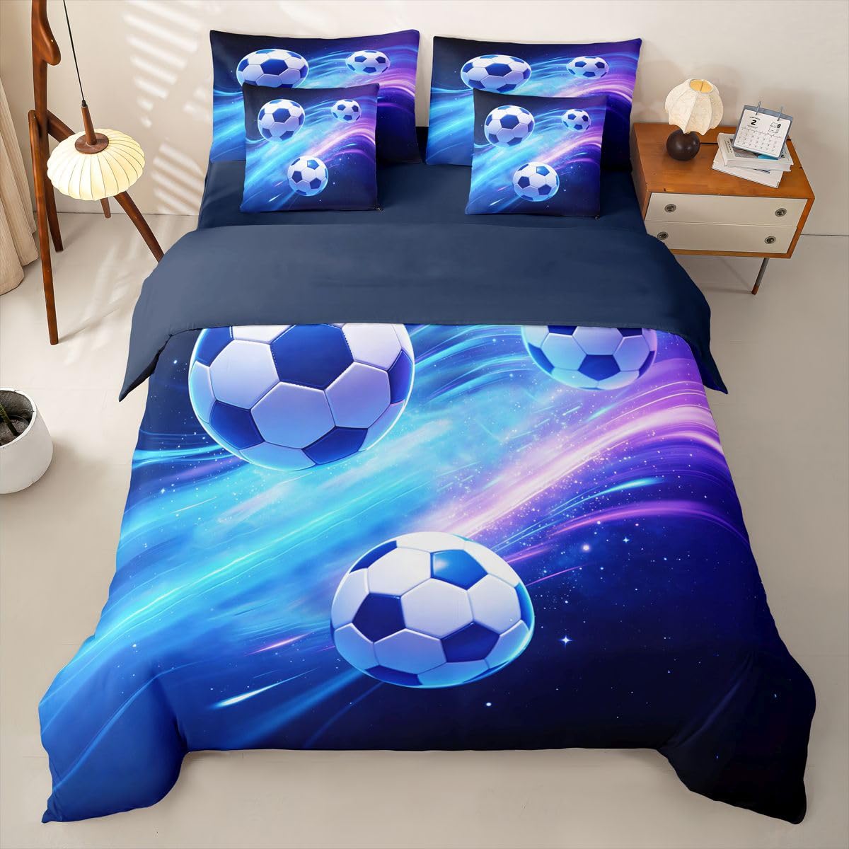 Loussiesd Juego de ropa de cama de 7 piezas para niños y niñas, juego de ropa de cama con funda de edredón, sábanas, fundas de almohada, fundas de cojín, tamaño doble, diseño de fútbol