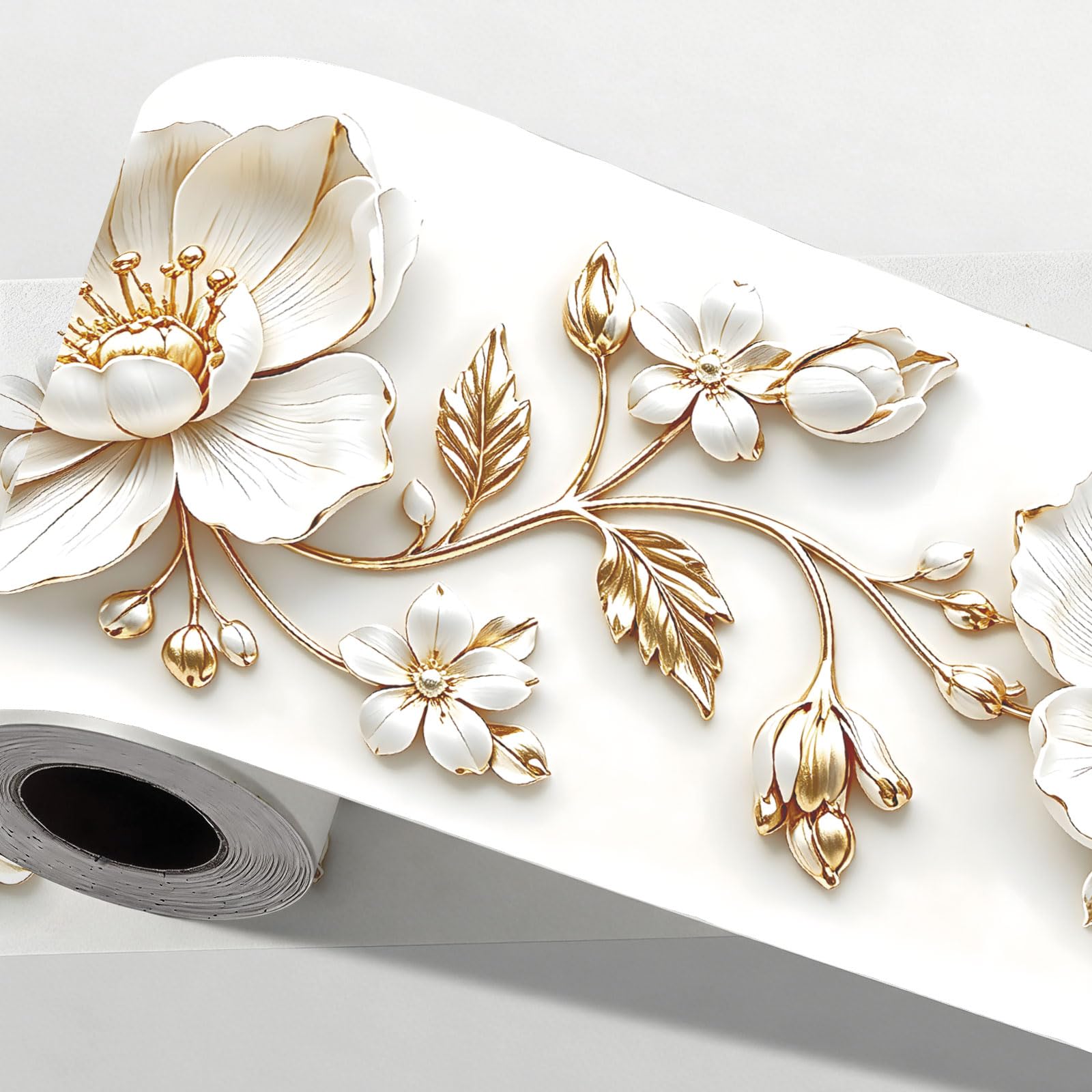 CONCHLERY White Gold Flower Pattern Wallpaper Stick Border, 197 Inch Length