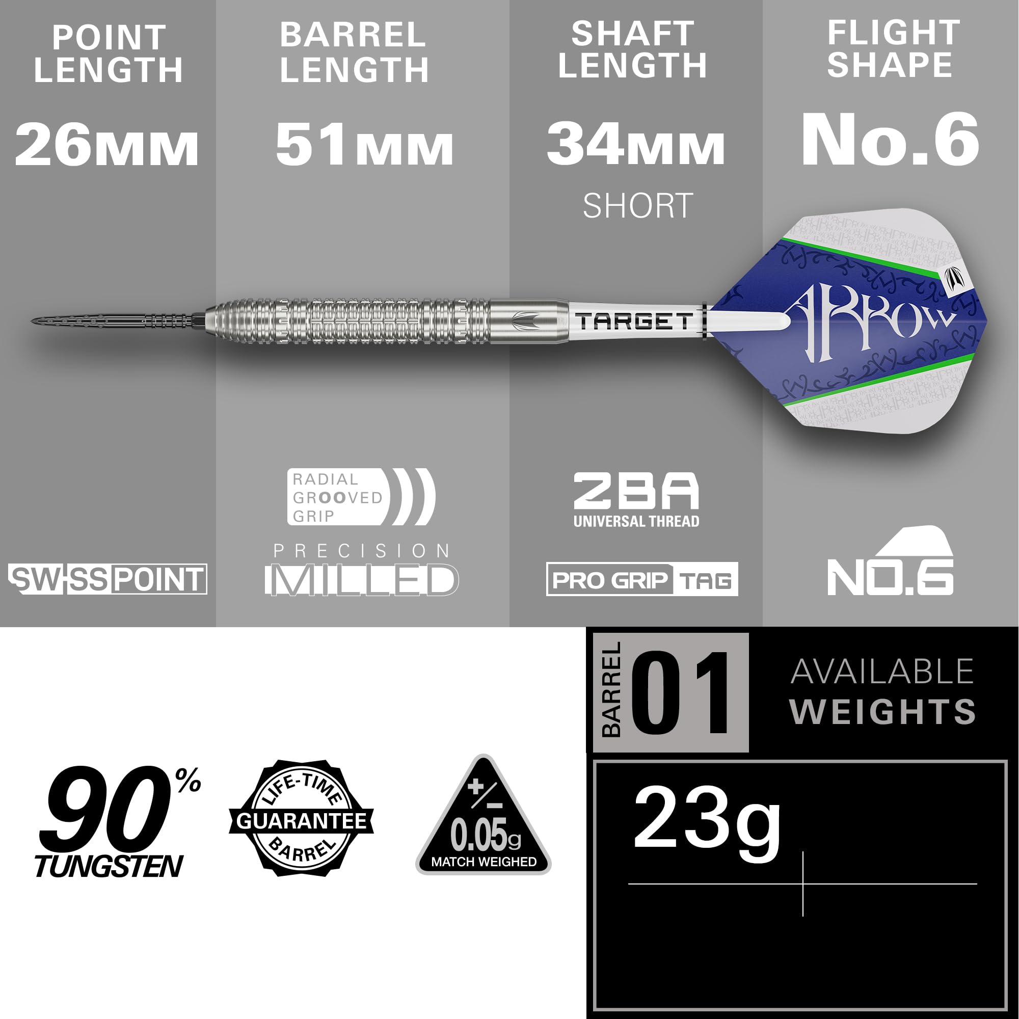 Target Darts Shane MC Guirk Generation 1 Swiss Point Jeu de Fléchettes à Pointe en Acier, 23G | Fléchettes Player Edition G1 90% Tungstène, Ailettes Pro Ultra NO.6, Manches Pro Grip Tag et Outil SP