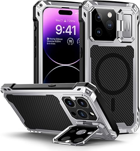 Miniatura 7 de Lanhiem Funda de metal para iPhone 14 Pro Max, soporte de cámara integrado y protector de pantalla de vidrio templado protectora resistente de