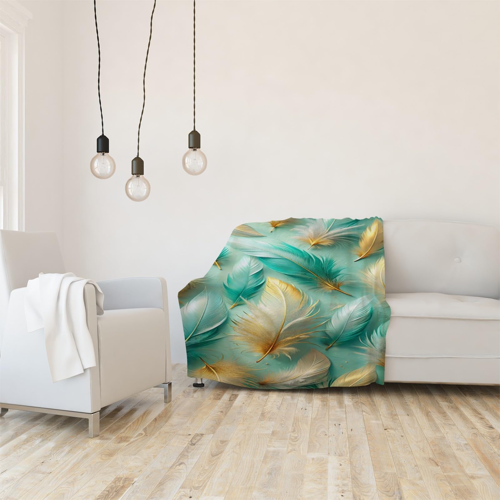 Generisch Puszysty koc do przytulania, żółte, niebieskie pióra, 220 x 240 cm, miękki i dwustronny koc polarowy z nadrukiem 3D, idealny koc na sofę dla wszystkich, przytulny koc na sofę i łóżko AL1584