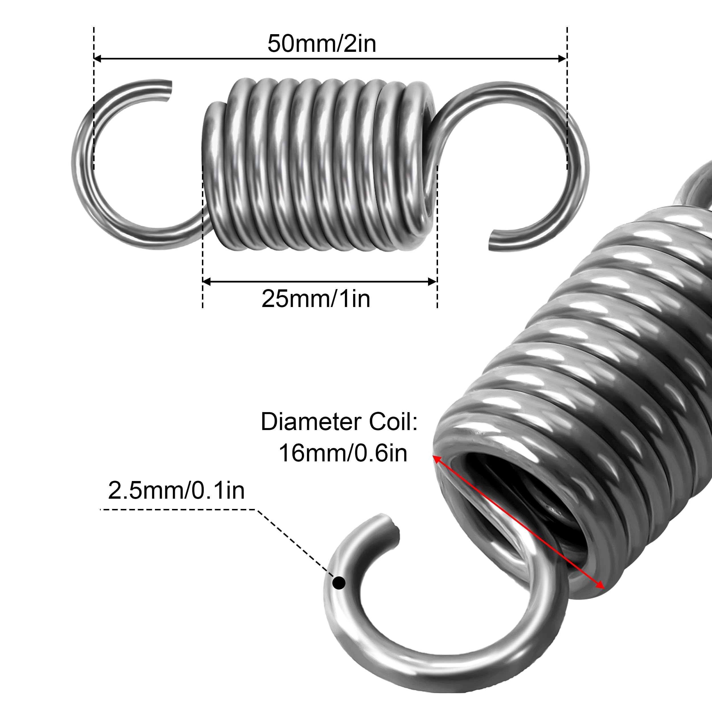Sprężyny rozciągające z hakami stal nierdzewna sprężyna rozciągająca sprężyna naprężająca 50mm średnica zewnętrzna 16mm średnica drutu 2,5mm maksymalna siła rozciągająca 19kg 2,5x16x50mm 2