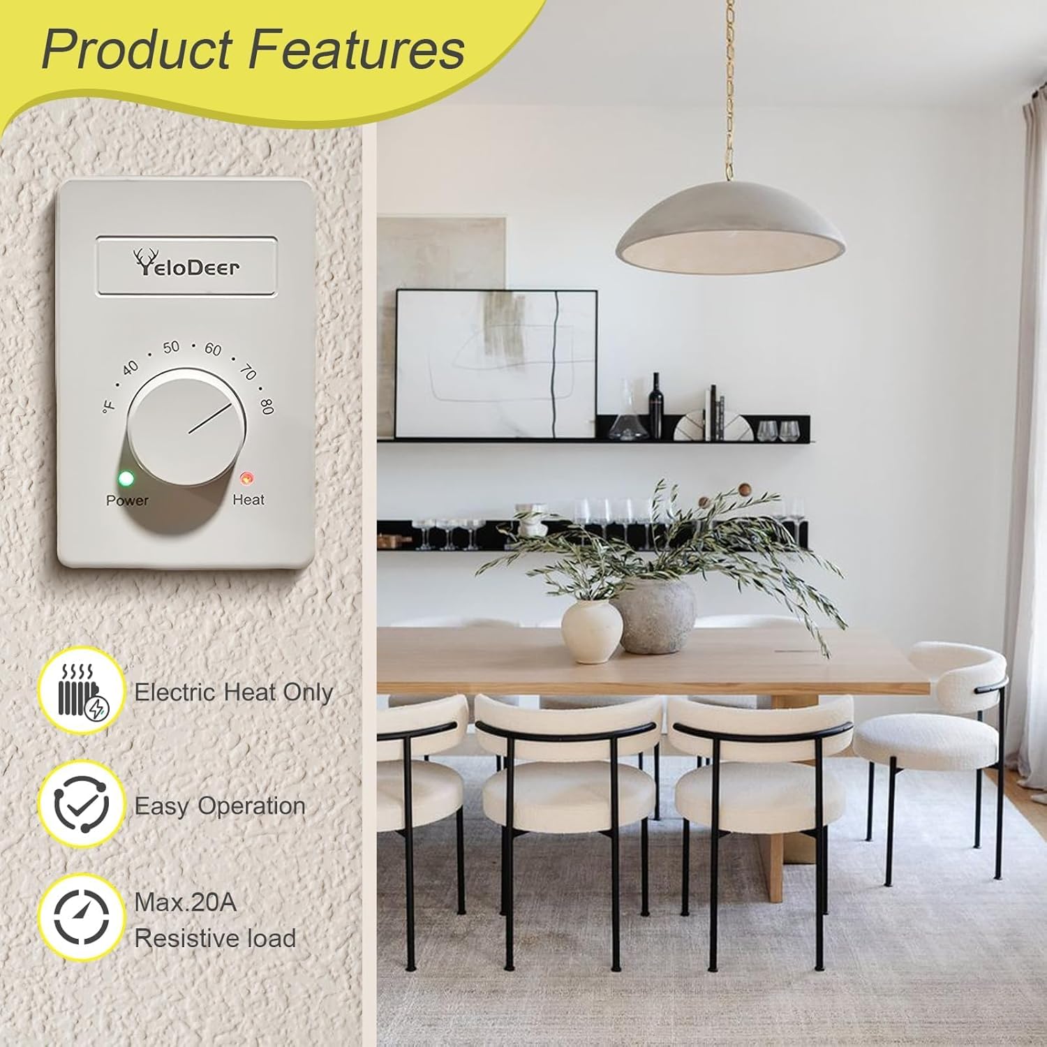 240 V Only 4-Wire Manual Electric Baseboard Heater Thermostat for Home, YeloDeer