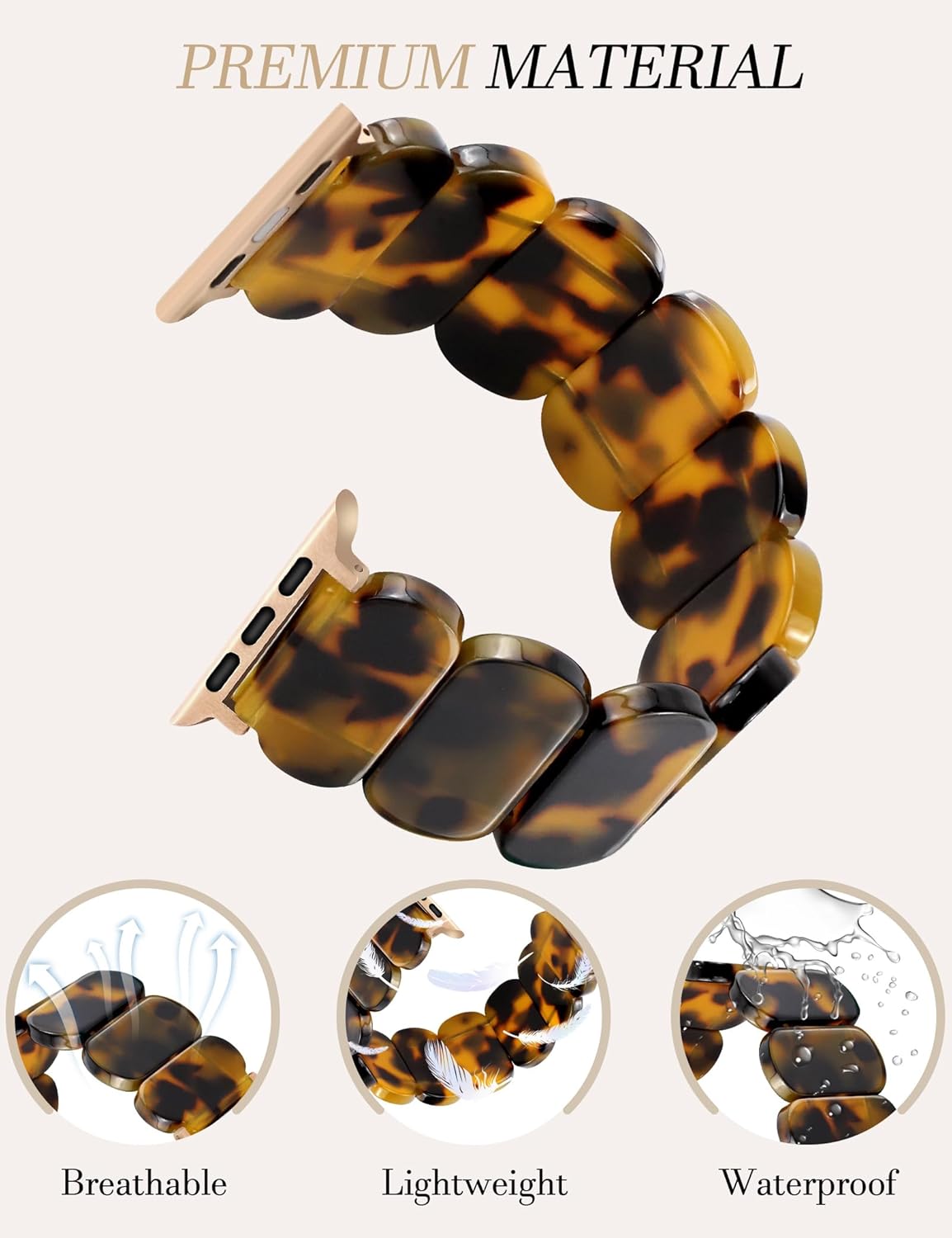 Resin Stretchy Watch Bands Women Compatible with Apple Watch 38mm 40mm 41mm 42mm (S11/10) Tortoise Light Bracelet Beaded Elastic Strap for iWatch Series11/10/9/8/7/6/5/4/3/2/1/SE/Ultra (S) - Image 2