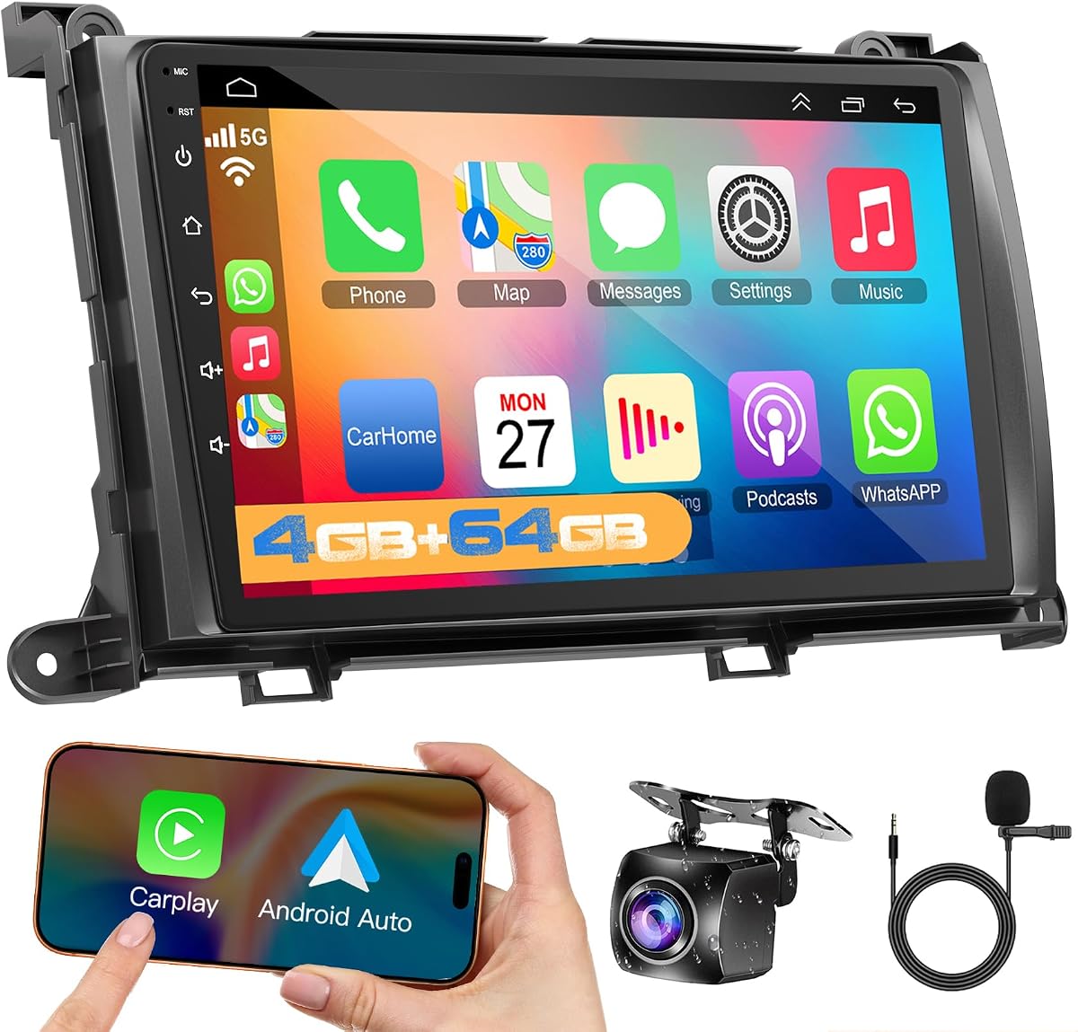 Radio de coche de 4 GB+64 GB para Toyota Sienna 2011-2014, pantalla táctil QLED de 9 pulgadas, estéreo Android 13, Carplay inalámbrico y Android Auto, navegación GPS y Bluetooth