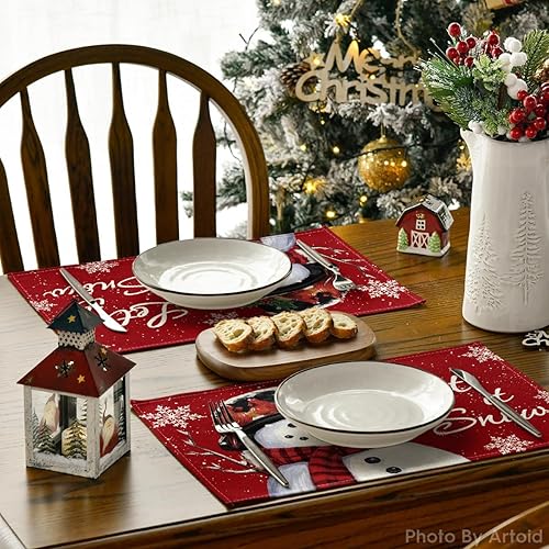 Miniatura 4 de Artoid Mode Juego de 6 manteles individuales de invierno con diseño de muñeco de nieve rojo Let It Snow de 12 x 18 pulgadas para decoración de