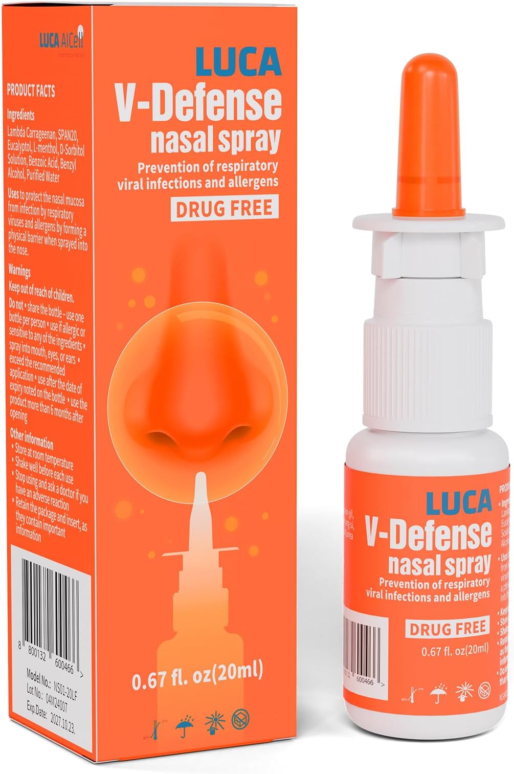 - LUCA V-Defense™ Nasal Spray with Lambda Carrageenan, Menthol, and Eucalyptol – Drug-Free Nasal Congestion Relief – Moisturizes Nasal Passages and Reduces Contaminant Adhesion – 0.67 fl oz (200 Sprays)