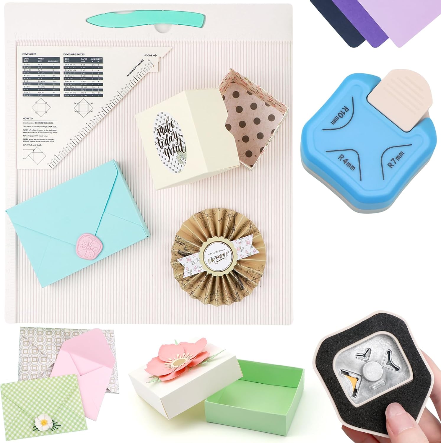 2 Pcs/Sets Large Score Board & Corner Punch for Paper Craft, 12 X 12 inch Multi-Purpose Scoring Board with Bone Folder and Triangular Guide for Crafting, Making Envelope/Envelope Box/Gift Box