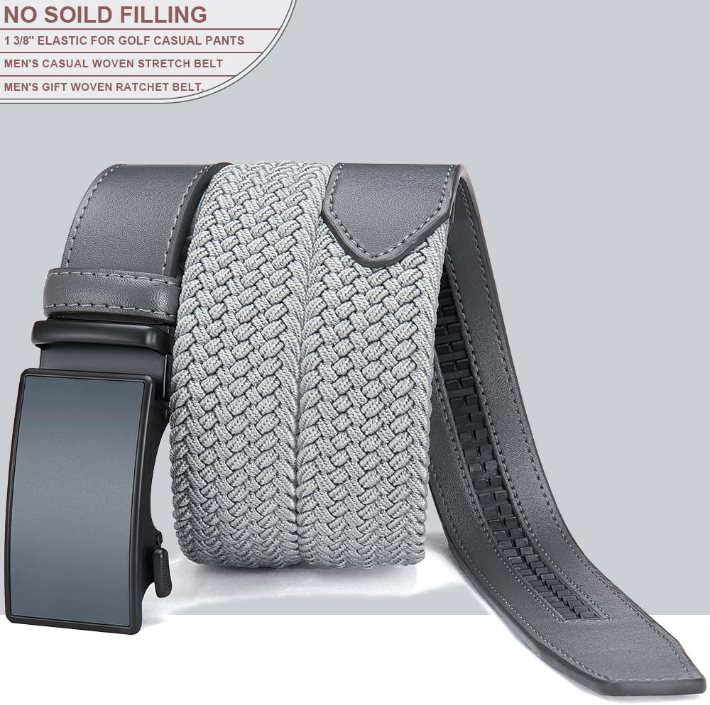 Men's Elastic Leather Ratchet Belt, Braided Stretch Belt, casual Fabric Belt, Design Width 1 3/8" for golf pants jeans - Image 4