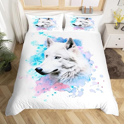 Feelyou Juego de ropa de cama de teñido anudado para niños y niñas, funda de edredón de lobo, funda de edredón de lobo blanco, patrón de animales de