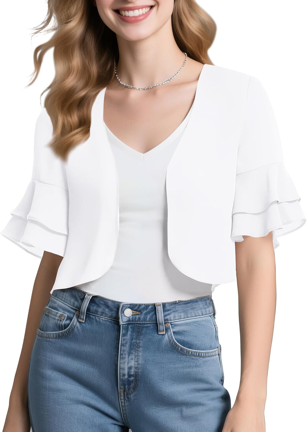 Urban CoCo Women's Sheer Chiffon Bolero Shrug Ruffle Short Sleeve Open Front Cropped Cardigan for Dresses