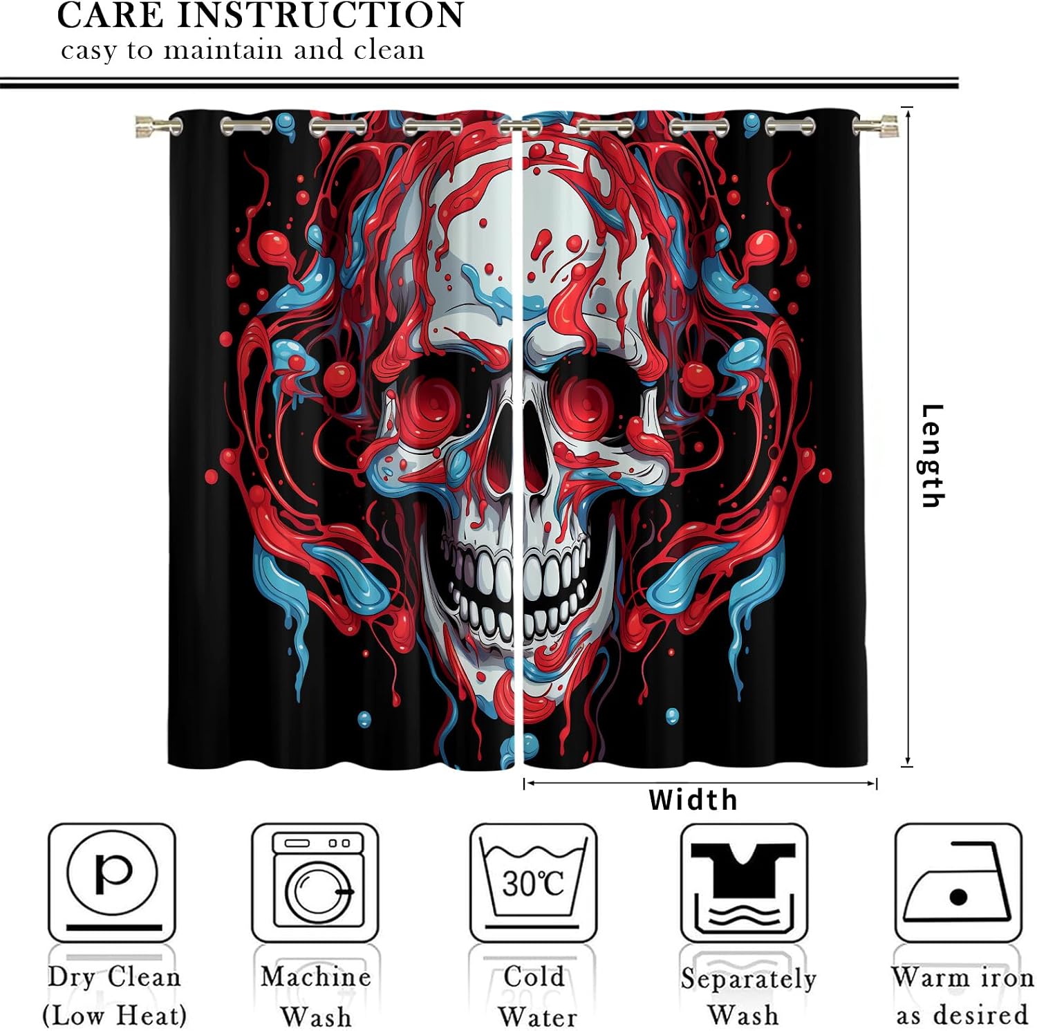Horror Skull 3D Printed Curtains 63 inch Long, Skull Blackout Window Treatments for Bedroom, Black Red Window Drapes 2 Panels Set, Grommet Curtains for Kitchen Day of The Dead Home Decor