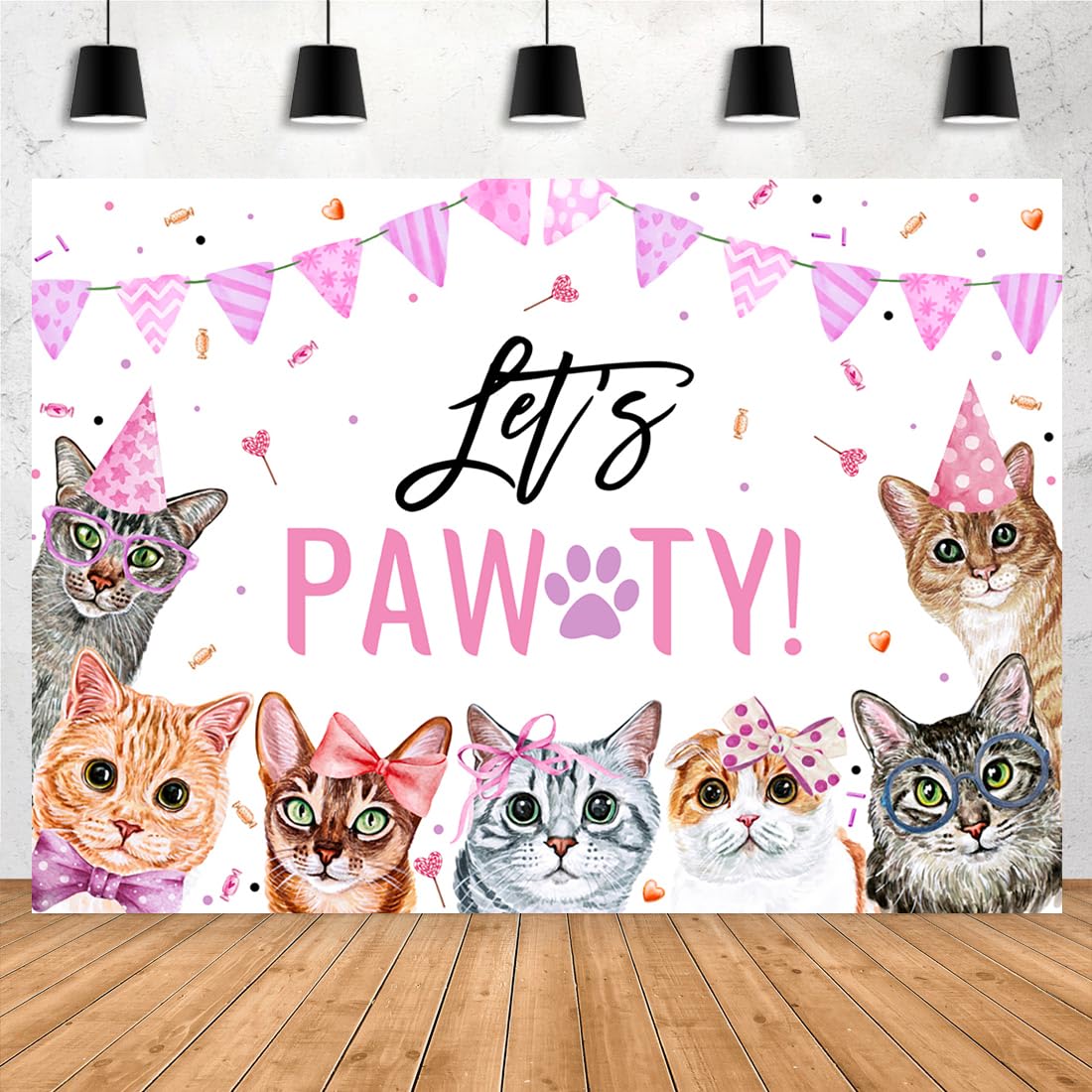 Aperturee 7x5ft Cute Cats Happy Birthday Themed Backdrops Let's Paw-ty Pet Cats Pink Girl Photography Background Birthday Banner for Puppy Bday Party