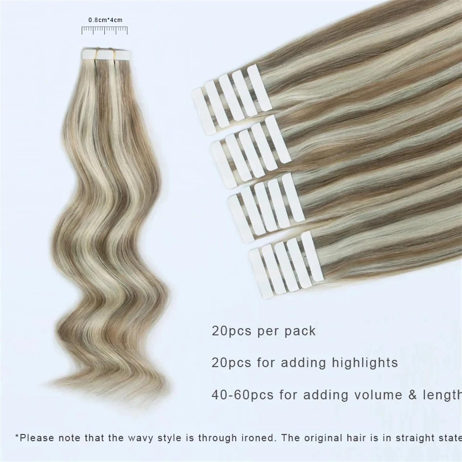 Bandverlängerungen Nahtlose doppelseitige Rooted Highlight Remy Straight Tape-in-Extensions, echtes Remy-Echthaar, Aschbraun-Strandblond mit dunkelbraunem Ansatz #P8/613 Haarverlängerungen (Size : 60