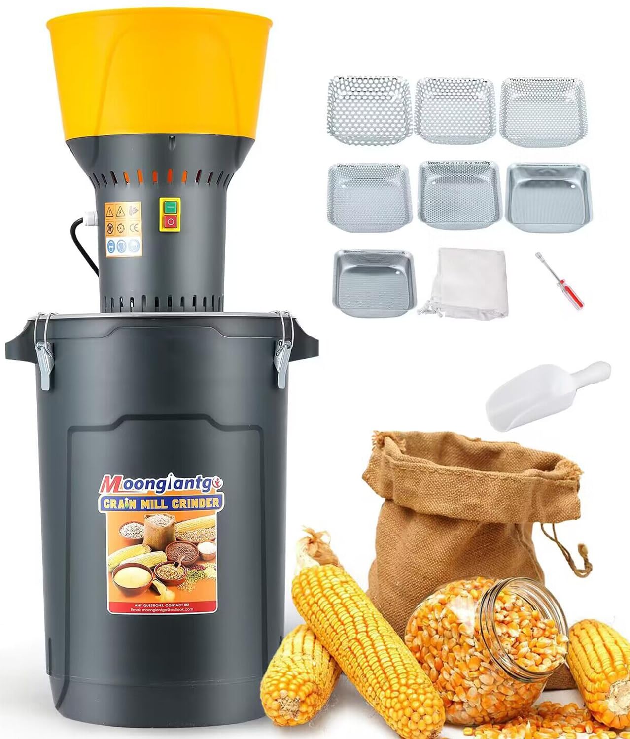 Molino de grano eléctrico de 15.8 galones molino de maíz eléctrico de 1300 W para cereales secos con 7 tamices + 1 llave de vaso + 1 bolsa de tela + 1 pala, cubo y tolva desmontable de 60
