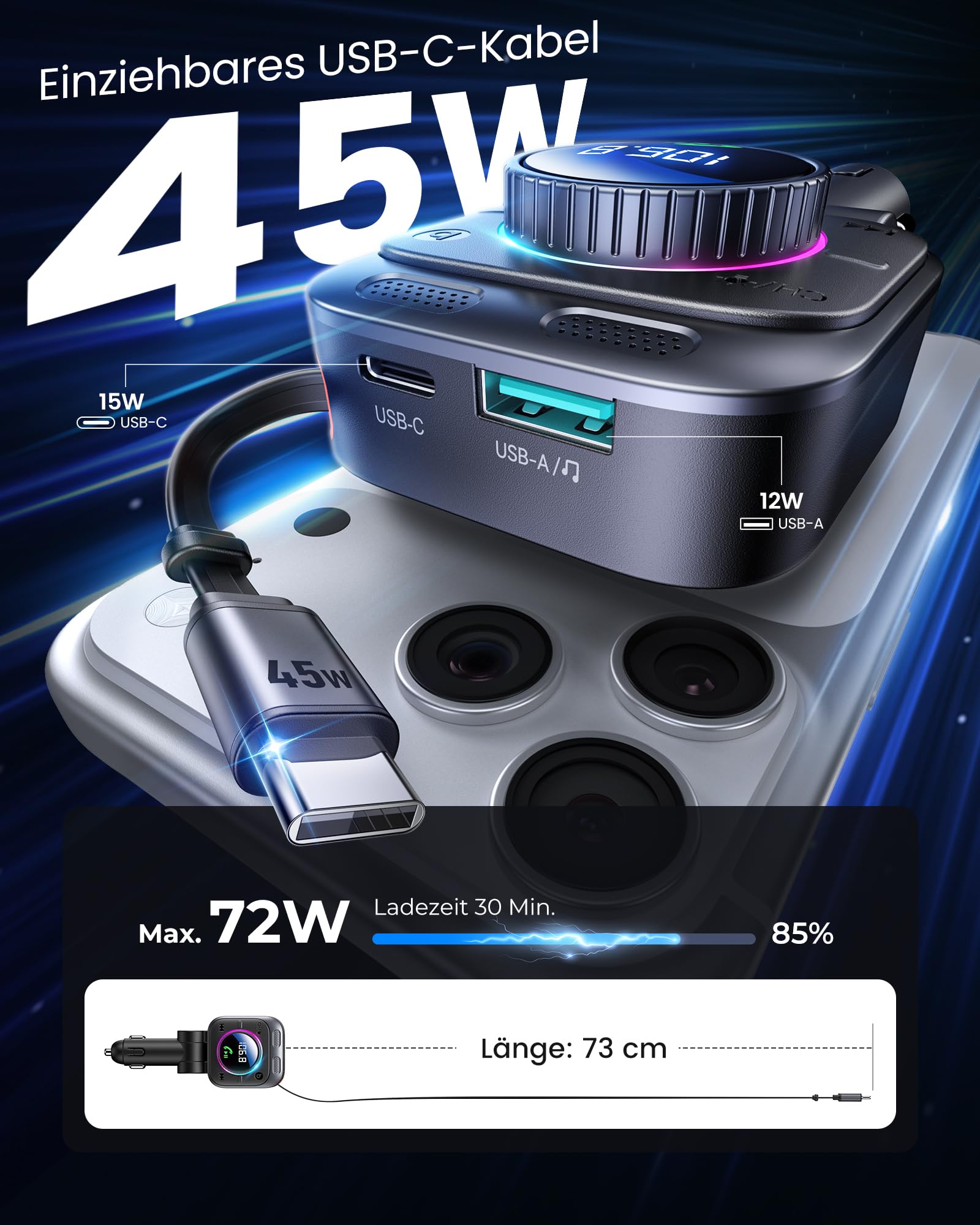 LENCENT 72W FM Transmitter Auto Bluetooth 5.4, Bluetooth Adapter Auto mit ausziehbarem Ladekabel, Zigarettenanzünder USB-C, Bass & Freisprecheinrichtung, Musik Adapter, 180° drehbar für iPhone 16/15