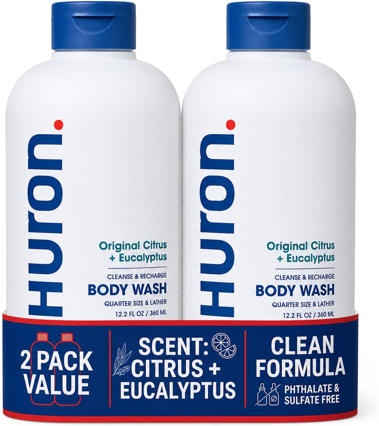 Huron Body Wash for Men and Women, Hydrating Daily Cleanser with Citrus + Eucalyptus Scent, Moisturizing Shower Gel, non-toxic, Phthalate-Free Clean Ingredients for Men, 12.2 Fl oz (Pack of 2)