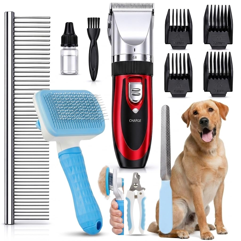 4-in-1 Dog Grooming Kit for Dogs & Cats – Cordless Pet Hair Trimmer, Self-Cleaning Slicker Brush, Stainless Steel Grooming Comb, Nail Clipper & Nail File | Professional Pet Grooming Set for Shedding, Trimming & Home Use
